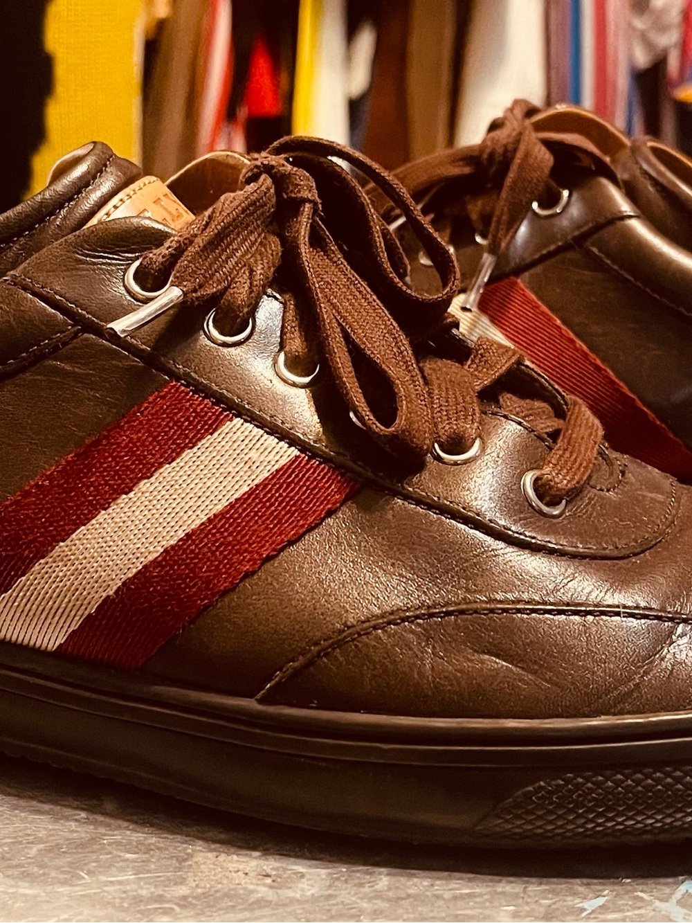 Bally Men's Brown Leather Casual Sneakers with Red-White Stripe